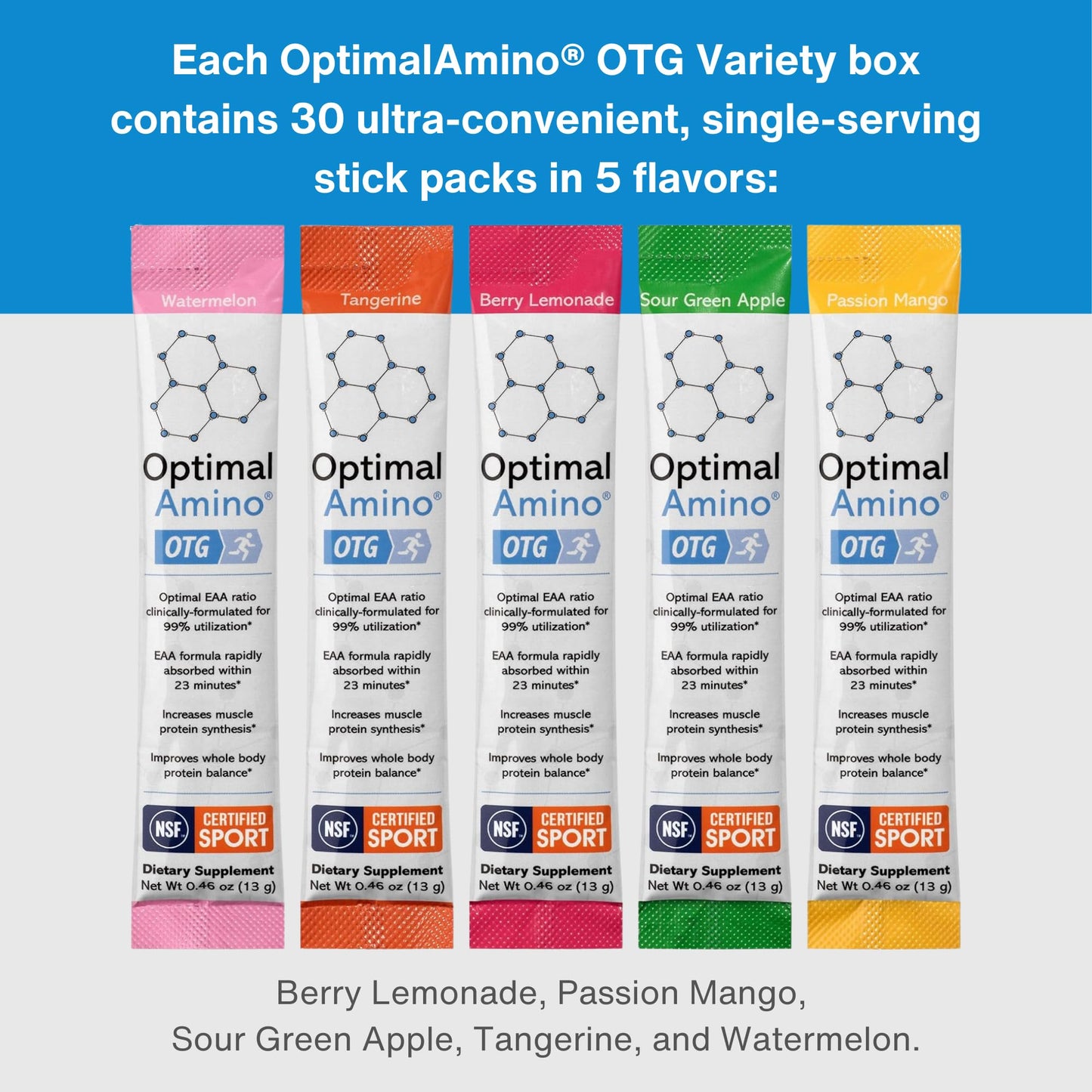OptimalAmino OTG Stick Packs, 5 Flavor Variety Box (30 Count), 99% Utilized Essential Amino Acid (EAA) Supplement, Increase Muscle Recovery, Vegan/Keto Pre/Post Workout, NSF Certified for Sport