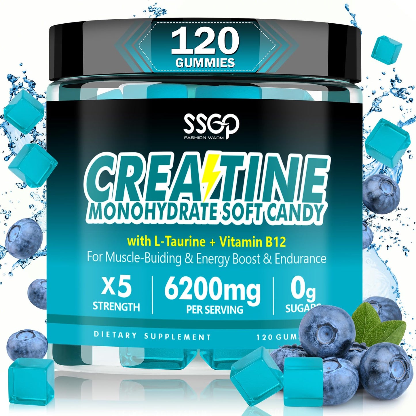 SSGP Creatine Monohydrate Blueberry Gummies - L - Taurine - B12，No Added Sugar - Enhances Energy - Muscular - Vegetarian - Workout Supplement - for Men Women（120 Count）