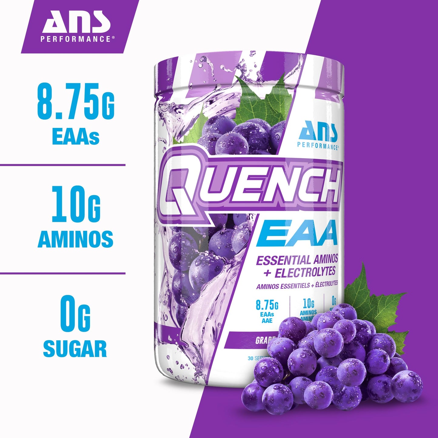 Quench EAA Aminos + Electrolytes - Complete Blend of 9 EAAs - 10g Total Amino Acids - Vitamins, Antioxidants, Electrolytes - Zero Sugar, Carbs, Calories (Grape Blast)
