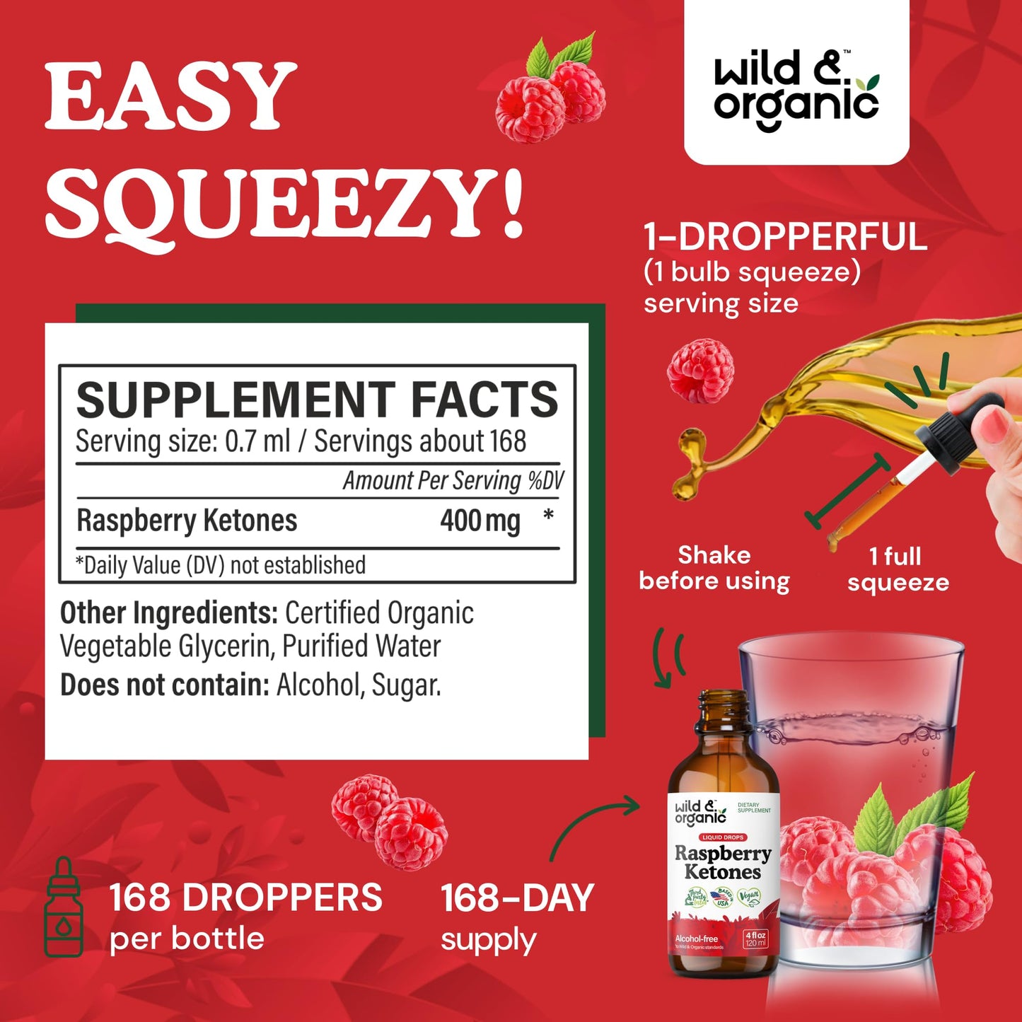 Wild & Organic Raspberry Ketones Liquid Drops - Vegan Raspberry Ketones Supplement for Overall Well-Being - 5-Month Supply - Non-GMO, No Alcohol & Sugar - 4 fl oz