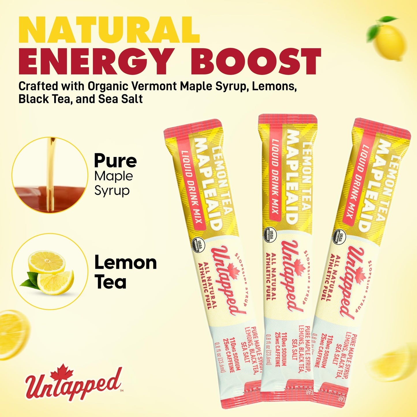Untapped Lemon Tea Mapleaid - 20 Single-Serve Packets | Organic Maple Syrup, Lemon Juice & Black Tea | Running Fuel with Energizing Electrolytes & Caffeine | Naturally Powered by Pure Vermont Maple