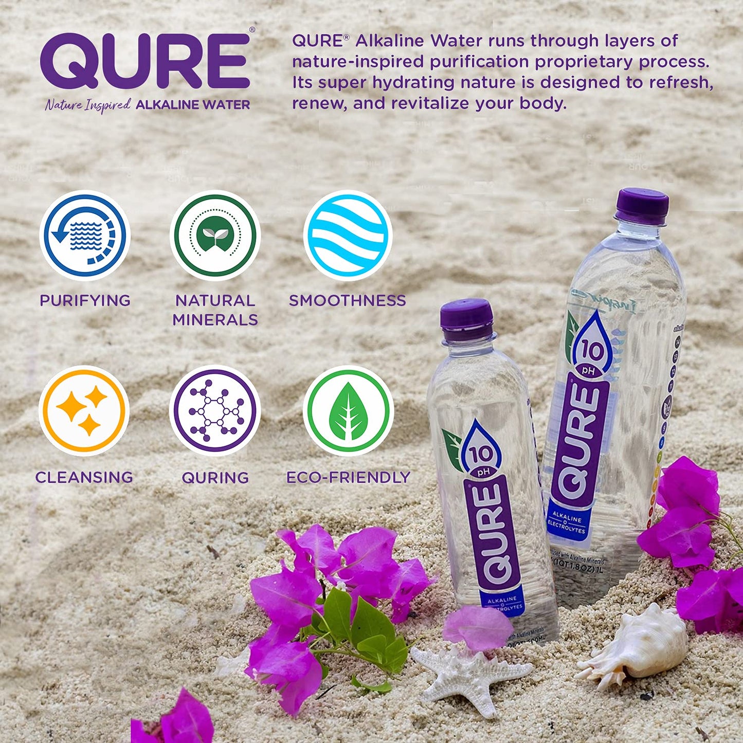 QURE Water Premium 10 pH Ionized Alkaline Bottled Water Silky Smooth Taste Infused with Electrolytes 169 fl oz 500 mL Pack of 24