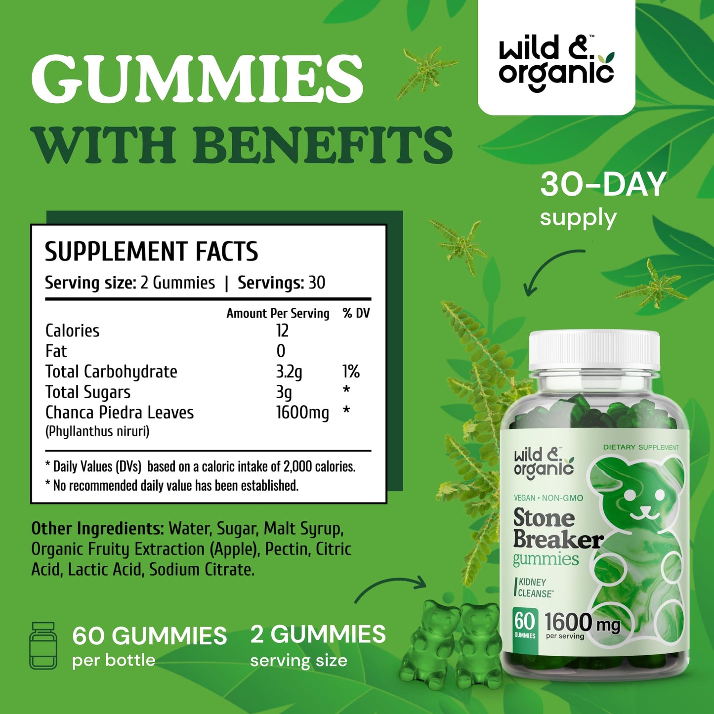 Wild & Organic Chanca Piedra Stone Breaker Gummies 1600mg - Kidney Cleanse Detox & Gallbladder Support - Kidney Stones Dissolver w/Chanca Piedra Herb - 60 Vegan Gummies