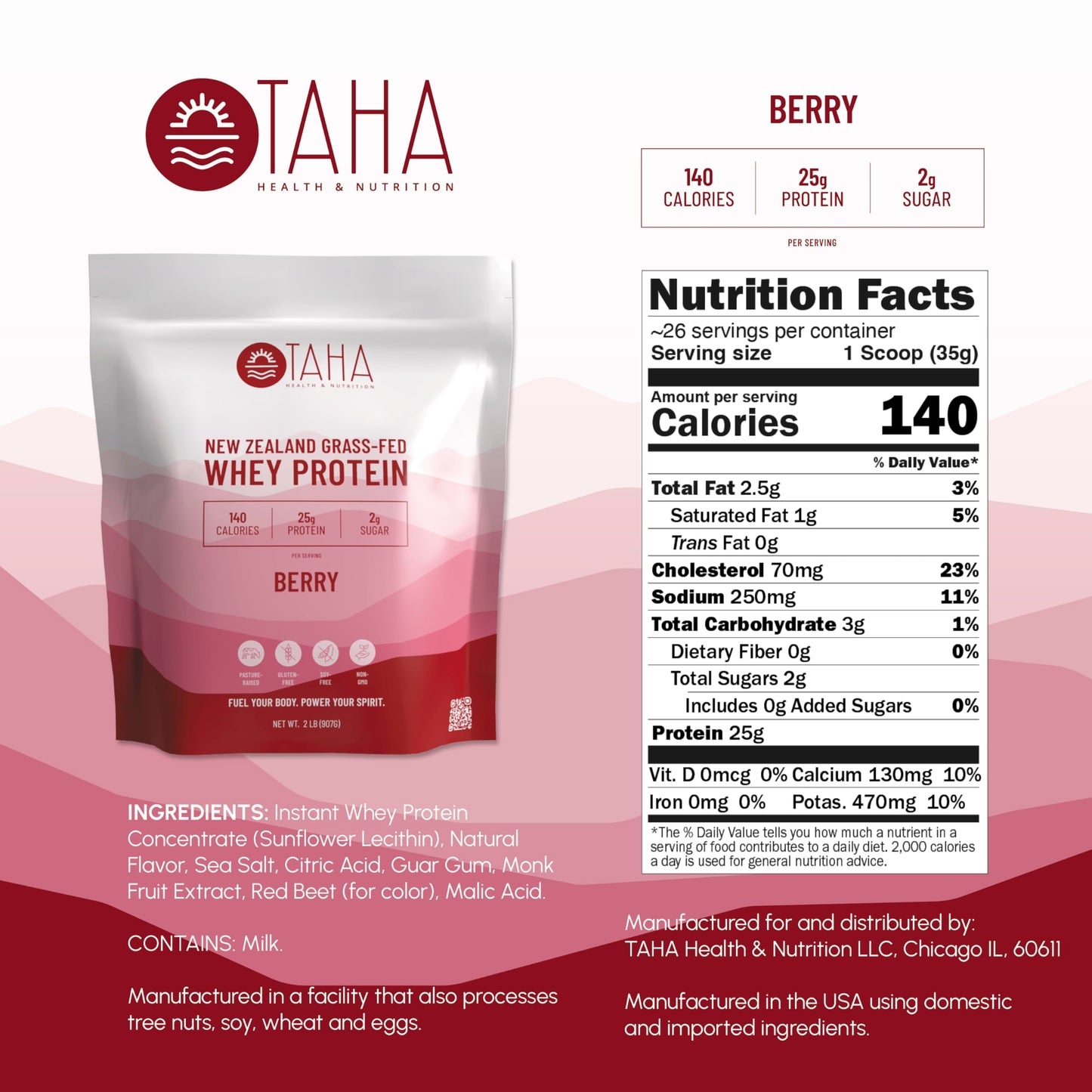 Taha Health & Nutrition Berry Flavored Whey Protein Concentrate Powder, 25g Protein, 140 Calories, 2g Sugar | New Zealand Grass-Fed, Free-Range Dairy | Gluten and Soy Free, Keto, Kosher | 2LB