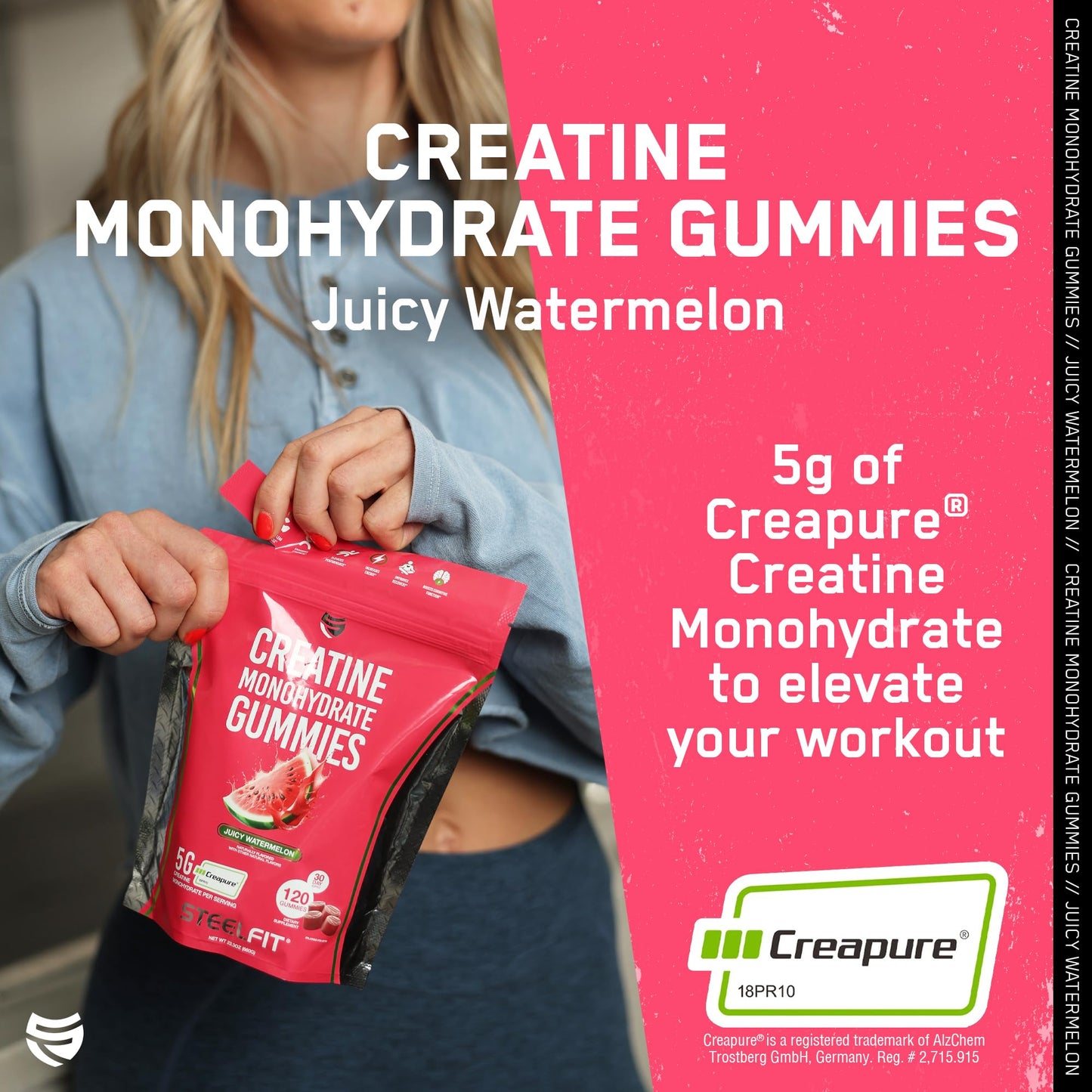 SteelFit Creapure Creatine Monohydrate Gummies for Men & Women, Juicy Watermelon - Gym Workout Nutritional Supplements for Muscle Gain, Brain Health & Strength Building Dietary Supplement, 120 Gummies