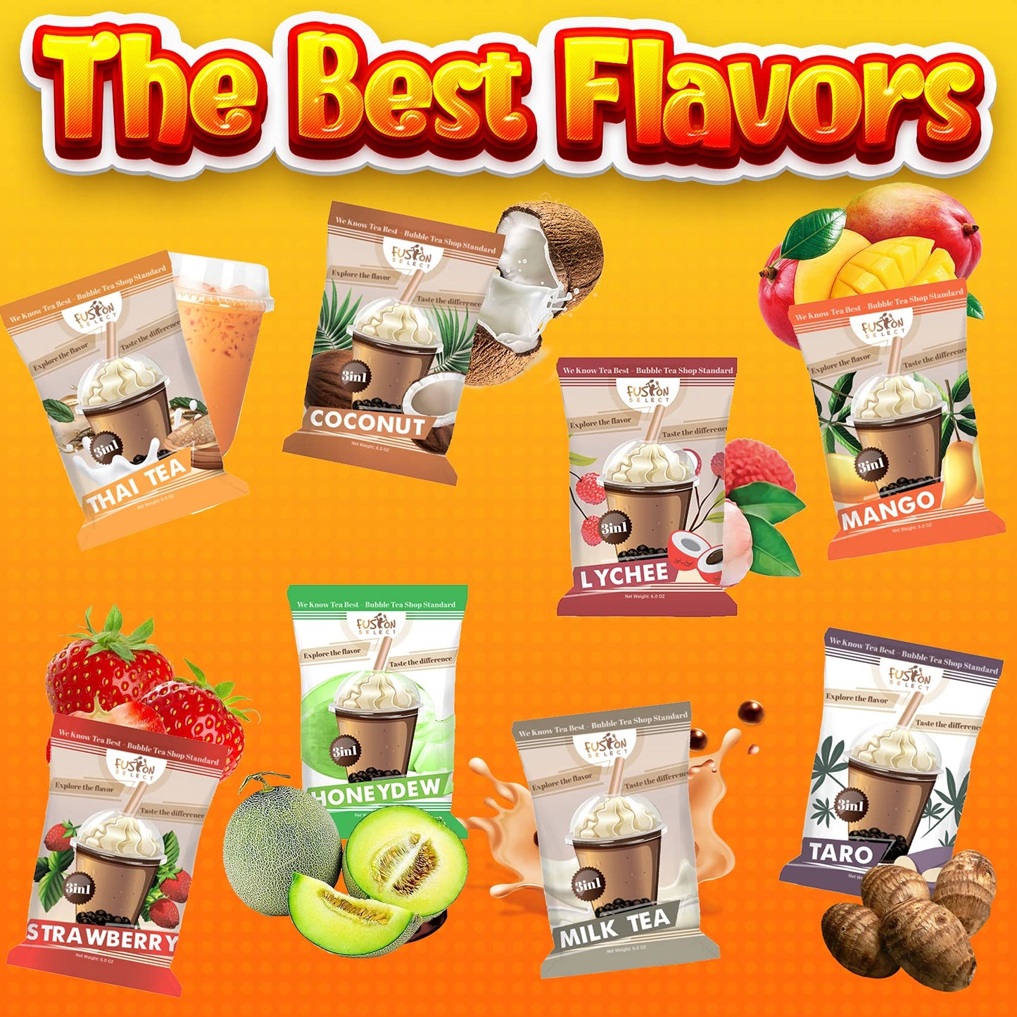 Fusion Select 4 Variety Flavors Taro Mango Strawberry Milk Tea 3in1 Drink Powder Instant PreMixed Powder for Hot or Cold Blends Yummy Frappes