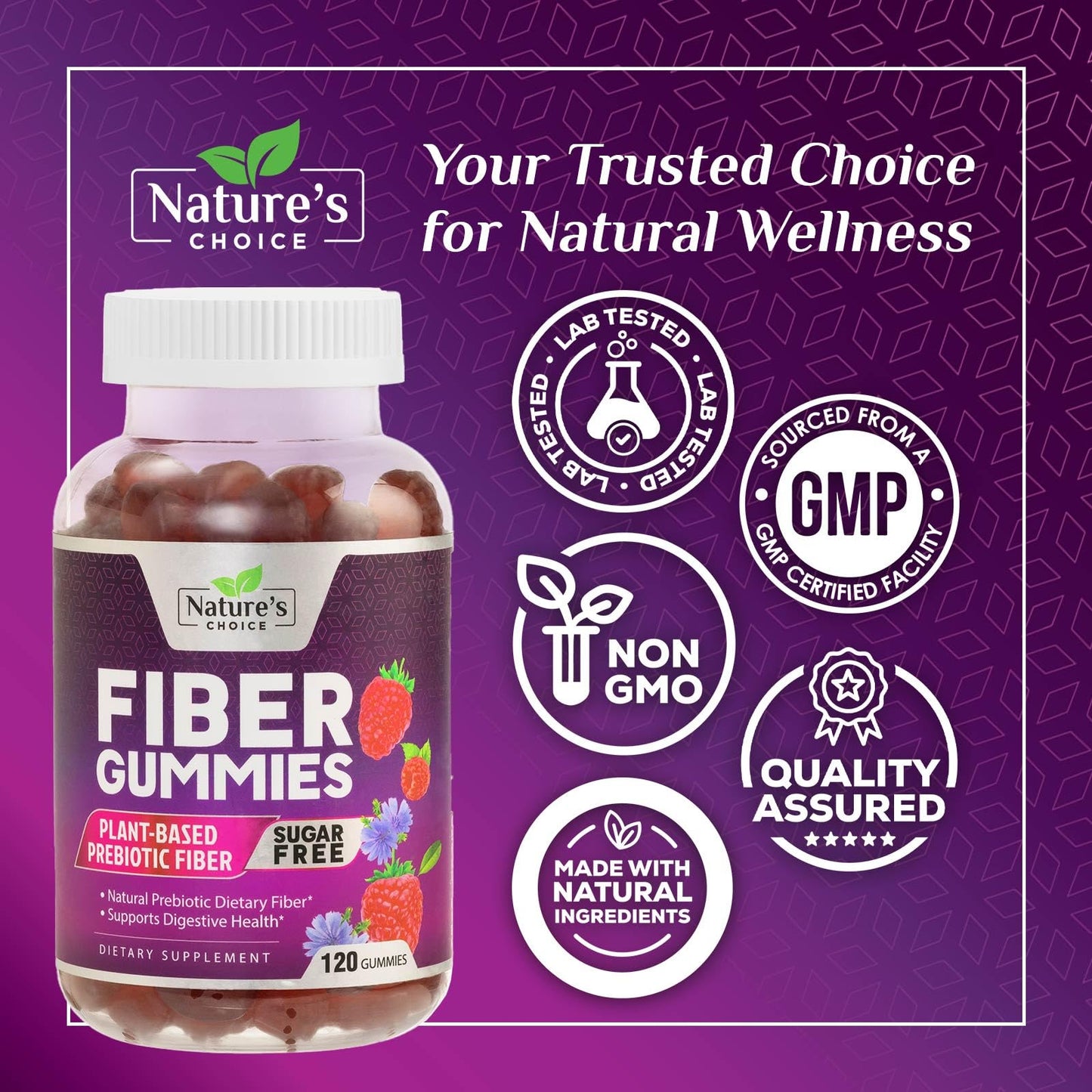 Sugar Free Fiber Gummies for Adults, Daily Prebiotic Natural Soluble Fiber Supplement & Digestive Health Support - Regularity & Digestion Health Support, Plant Based Berry Flavor - 120 Gummies