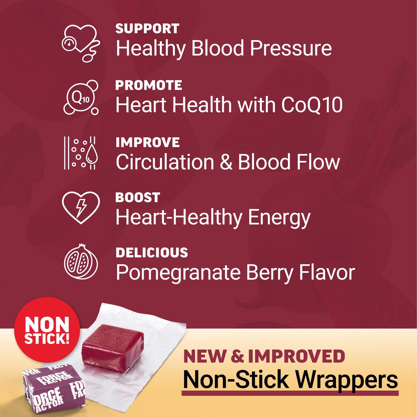 FORCE FACTOR Total Beets Ultimate Heart Health Blood Pressure Support Chews with CoQ10, Beet Root Powder, Grape Seed Extract, Blood Pressure Supplement for Circulation & Blood Flow, 60 Soft Chews