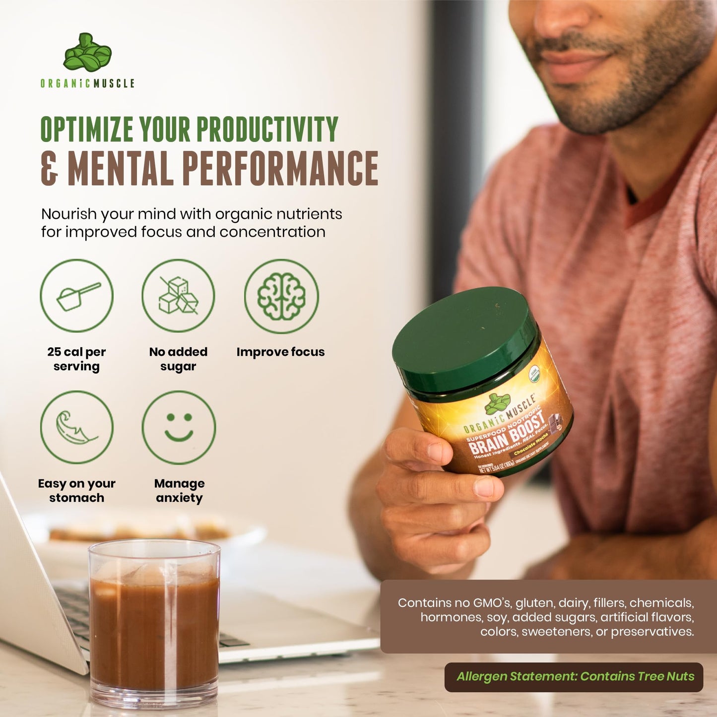 Organic Muscle Brain Boost Nootropics Blend - Vegan & Organic Superfood Health Supplements for Focus, Memory & Productivity with Ashwagandha, Ginkgo & Ginseng - Chocolate Flavor, 20 Servings