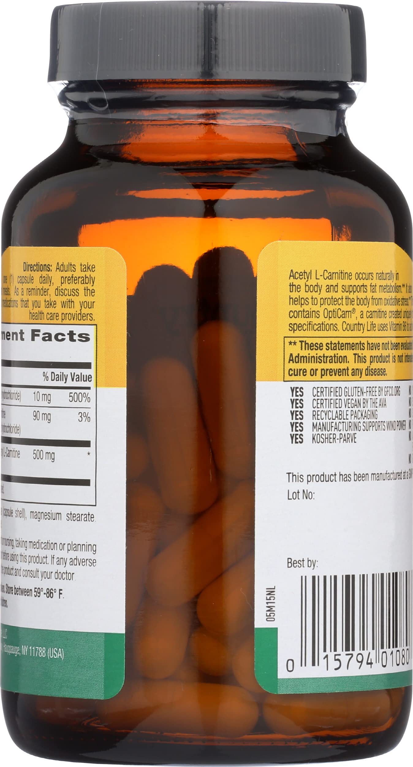 Country Life Acetyl L-Carnitine Vegi Capsules 500mg, 60 Capsules