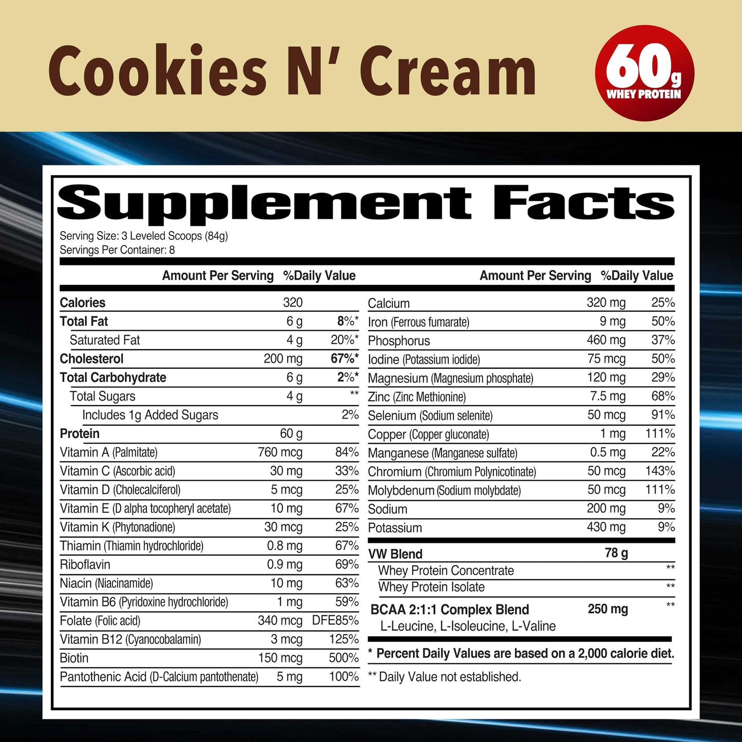 Vitamin Whey Protein, Cookies N Cream, 60g Whey Protein, BCAA Complex, 26 Vitamins & Minerals, Gluten Free, 1.5 LB