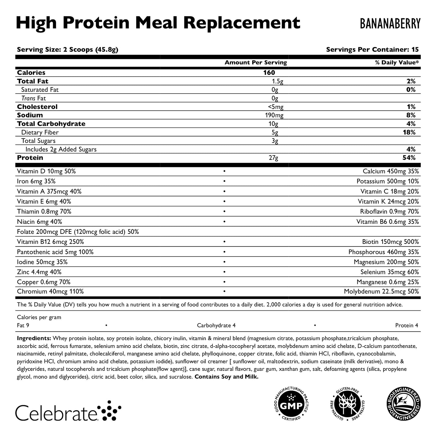 Celebrate Vitamins High Protein Meal Replacement Shake, 27 g Protein Powder, 5 g of Fiber, For Post-Bariatric Surgery Patients, Bananaberry, 15 servings