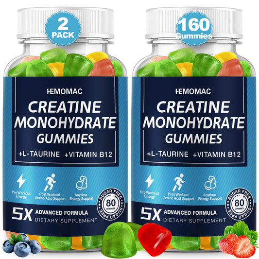 Creatine Monohydrate Gummies 5g for Men & Women, 160 Count Creatine Gummies for Muscle Strength, L-Taurine, Vitamin B12, Energy Boost, Workout Supplement, 2 Pack