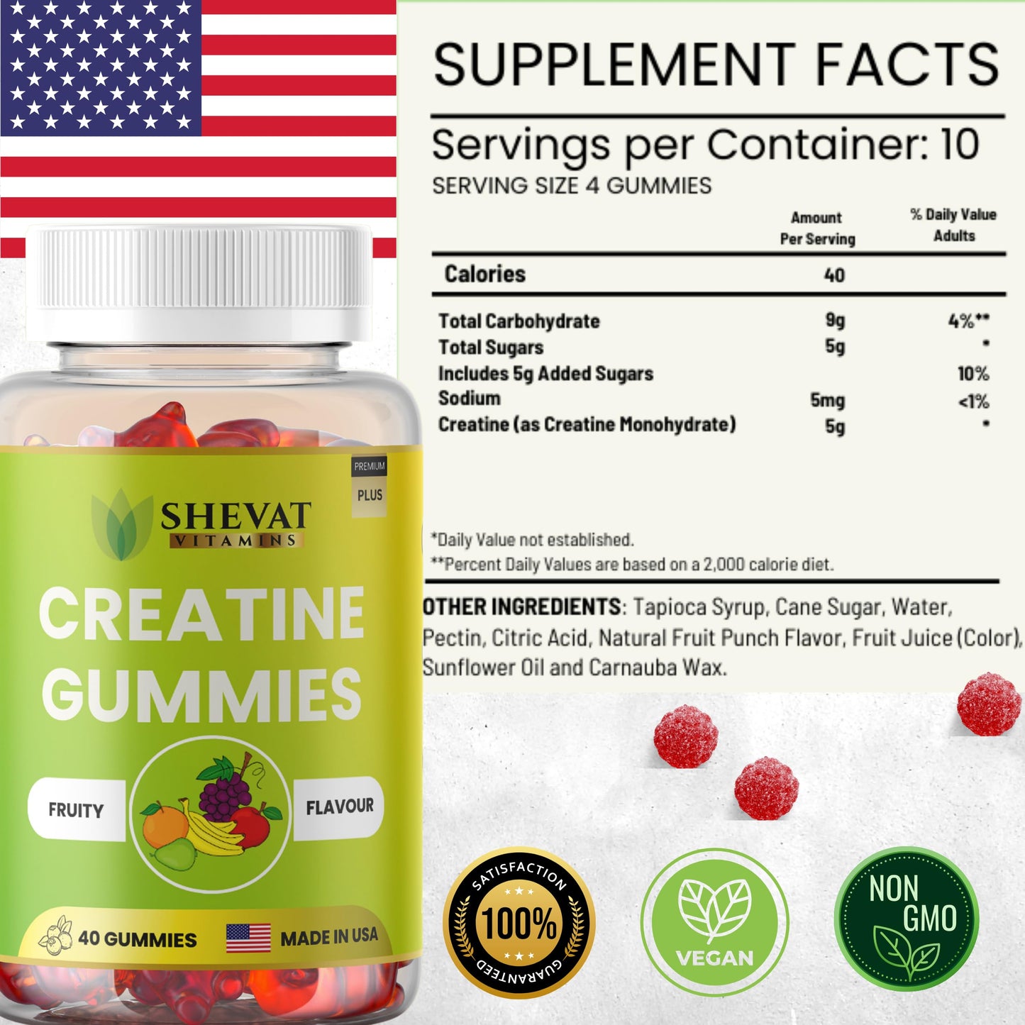 SHEVAT VITAMINS Premium Creatine Gummies for Men & Women - Supports Muscle Growth, Recovery & Performance - 40 Chewable Gummies with Fast Absorption & No Melting Formula