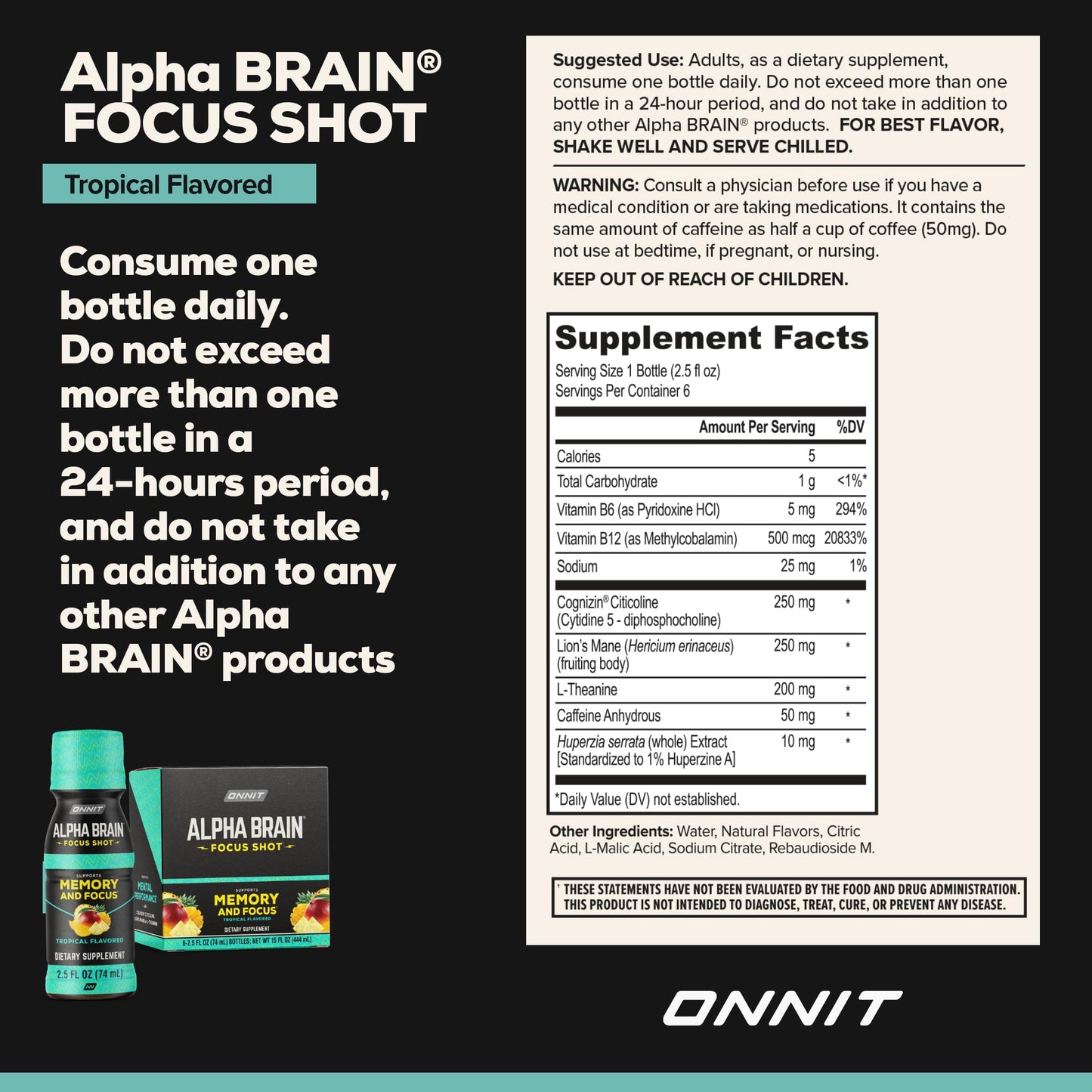 ONNIT Alpha Brain Focus Shot, Tropical Flavor, Nootropic Dietary Supplement Drink That Supports Energy, Focus, and Mood, 2.5 fl oz, 6 Count
