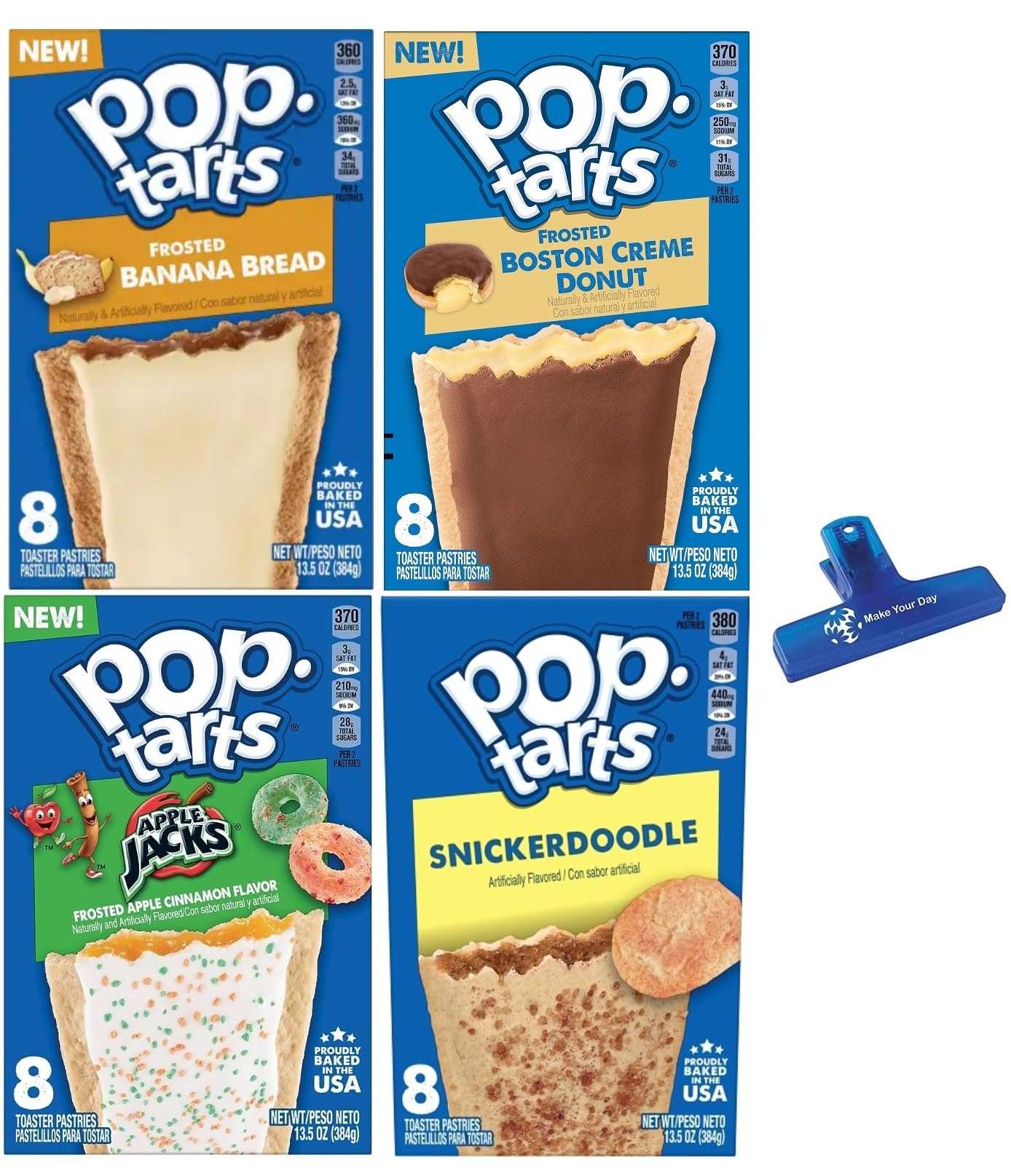 Frosted Toaster Pastry Variety Banana Bread Boston Creme Donut Apple Cinnamon and Snickerdoodle 135 Ounce Pack of 4  with Make Your Day Bag Clip