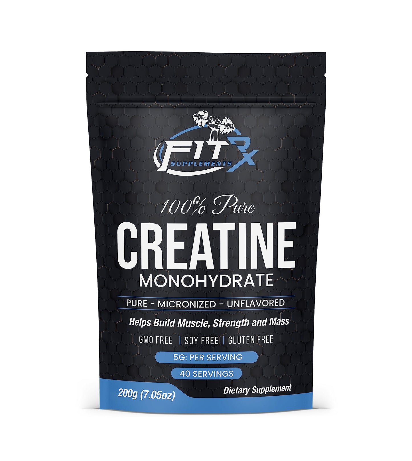 FITRxSupplements.com Pure Creatine Monohydrate Powder - Zero Added Ingredients - No Calories, 5g per Serving, Unflavored 40 Servings, 200g, Quick Dissolve