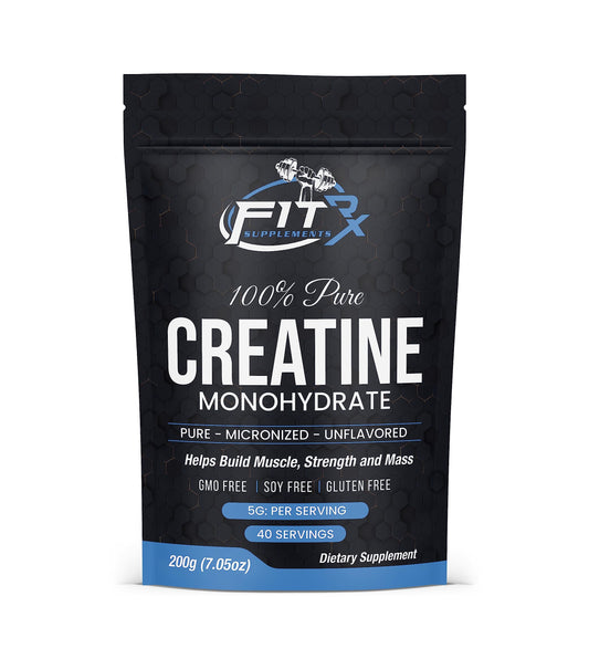 FITRxSupplements.com Pure Creatine Monohydrate Powder - Zero Added Ingredients - No Calories, 5g per Serving, Unflavored 40 Servings, 200g, Quick Dissolve