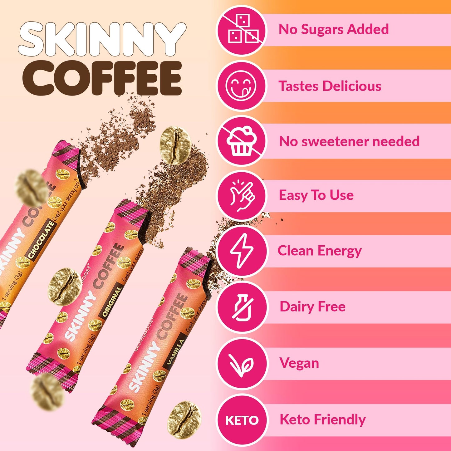 Skinny Boost Skinny Coffee- (Unflavored) Instant Sticks Made with Arabica Coffee, Garcinia Cambogia, Green Tea Extract, Coffee Bean Extract, and Prebiotics- Keto Friendly. (28 Packets)