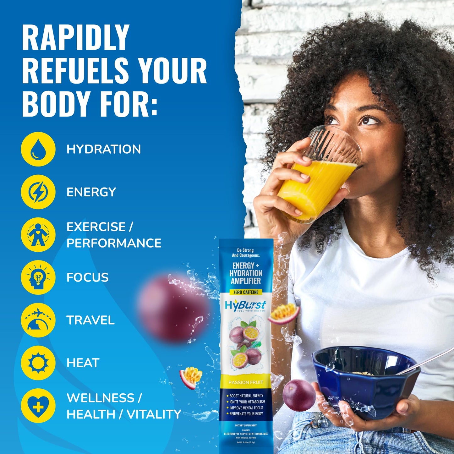 Hyburst Energy + Hydration Amplifier - Multivitamin Electrolyte Powder Packets with Vitamins D3 K2 & B6 B12 | L-Theanine, Cane Sugar, Caffeine Free Energy Drink Powder | Variety Pack, 15 Pack