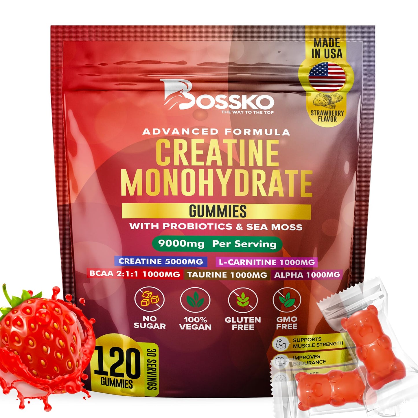 (9g) Creatine Monohydrate Gummies Complex with BCAA - L-Taurine L-Carnitine- B12 Probiotics Pre Workout Chewables Gummies for Men & Women for Muscle Strength Builder | Vegan Non-GMO