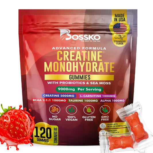 (9g) Creatine Monohydrate Gummies Complex with BCAA - L-Taurine L-Carnitine- B12 Probiotics Pre Workout Chewables Gummies for Men & Women for Muscle Strength Builder | Vegan Non-GMO