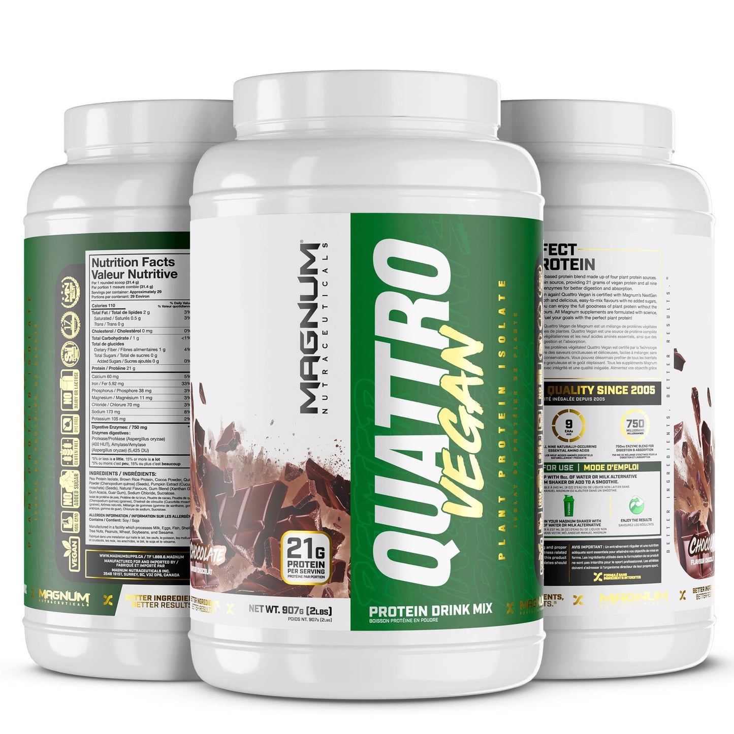 Magnum Nutraceuticals Quattro Vegan Protein Powder, Chocolate 2lb - Premium Plant-Based Protein Powder Isolate for Muscle Growth & Recovery