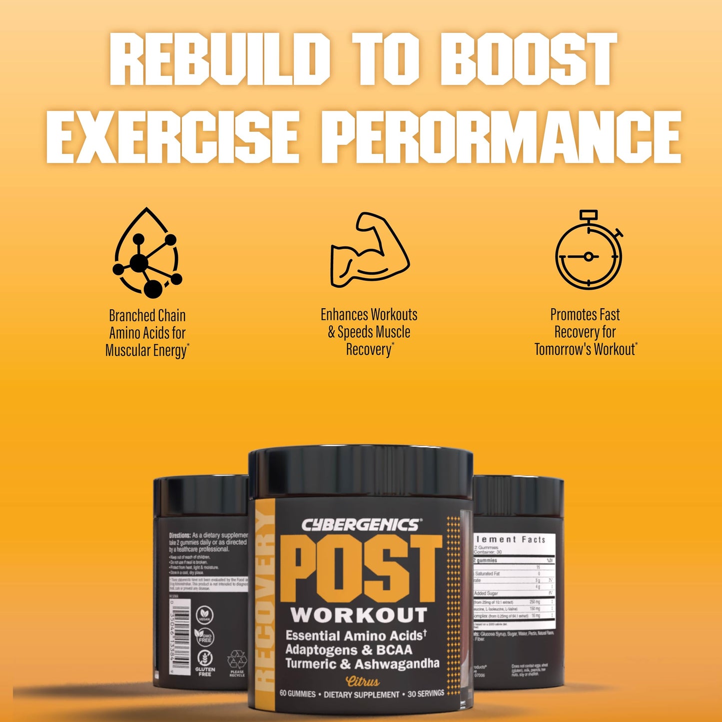 Cybergenics Post-Workout Gummies, Recovery Accelerator, Support Muscle Recovery & Joint Health, Essential Amino Acids, with Ashwagandha & Curcumin, BCAAs, Citrus Flavor, 60 Gummies, 30 Servings