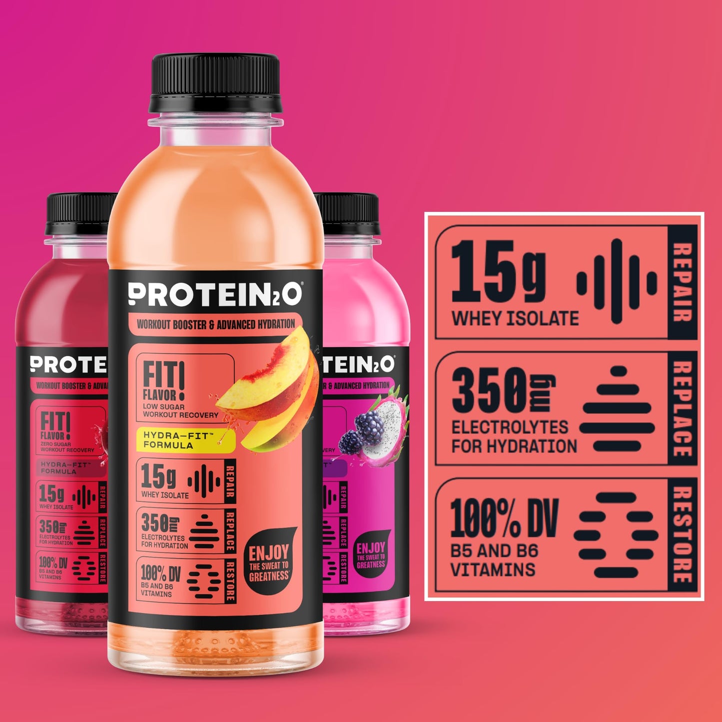 Protein2o 15g Whey Protein Isolate Hydration Drink, 350mg of Electrolytes, Vitamins B5 & B6, Low Sugar, Flavor Fusion Variety Pack, 16.9 oz Bottle (Pack of 12)