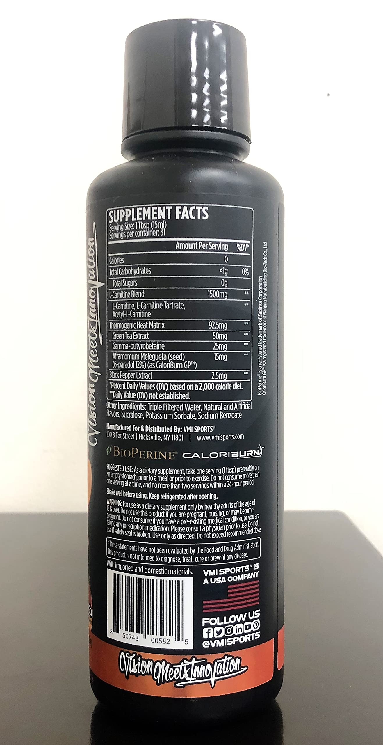 VMI Sports L-Carnitine 1500 Heat Stimulant Free Thermogenic Metabolic Support & Fat Loss for Men & Women | 1500mg L-Carnitine | Convenient Liquid (Peach Mango)