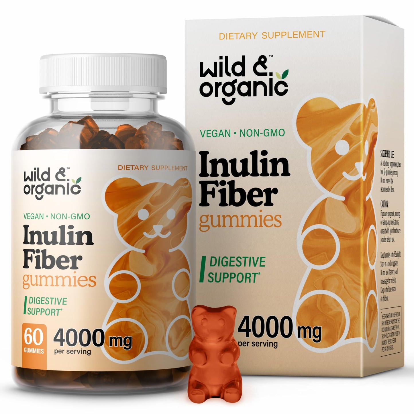 Wild & Organic Inulin Fiber Gummies 4000mg - Digestive Support w/Chicory Root - Soluble Fiber Supplement w/Inulin Powder - Prebiotics for Gut Support - 60 Prebiotic Gummies
