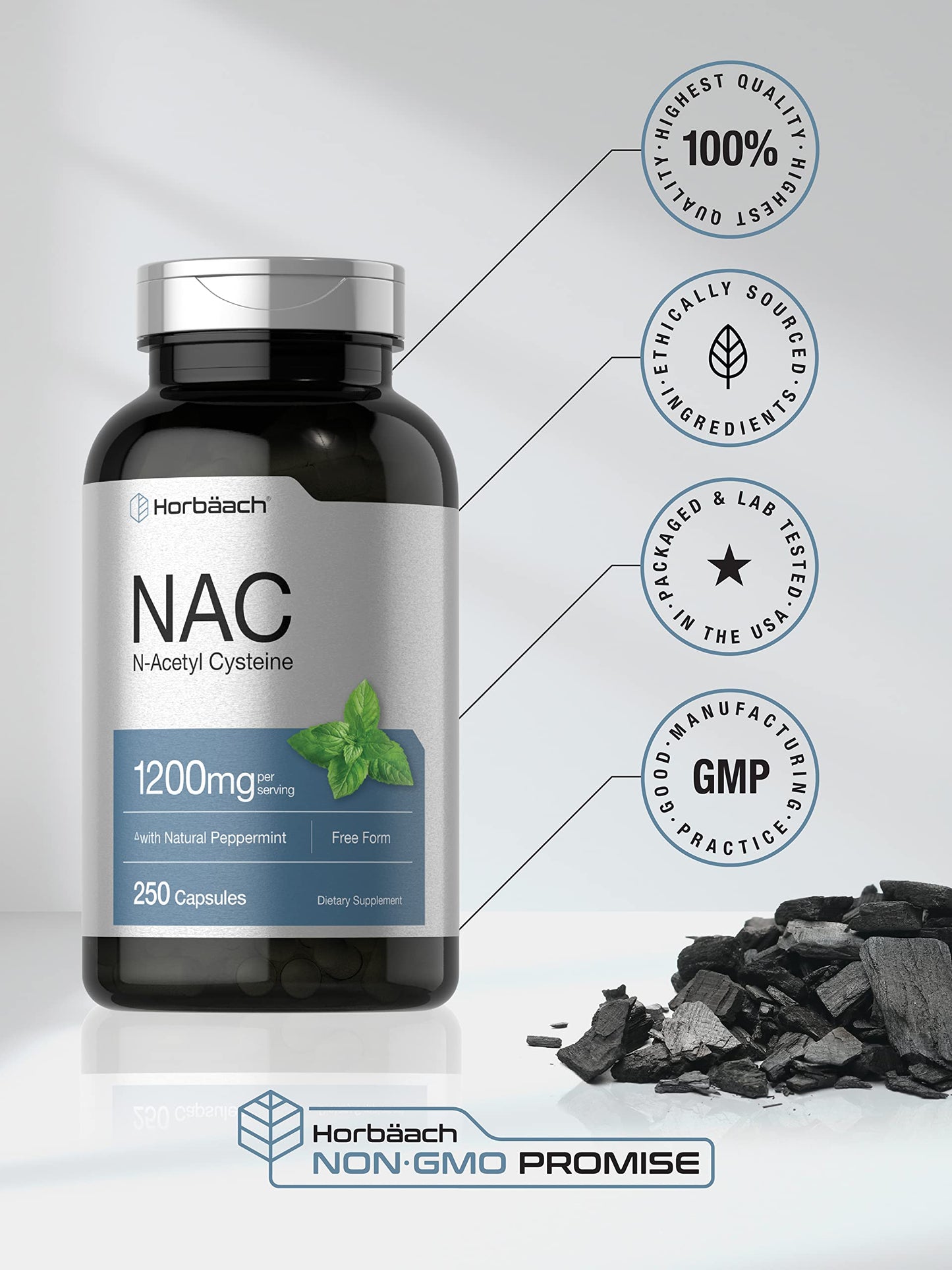 Horbäach NAC N-Acetyl Cysteine Supplement 1200mg | 250 Capsules | with Natural Peppermint | Non-GMO, Gluten Free
