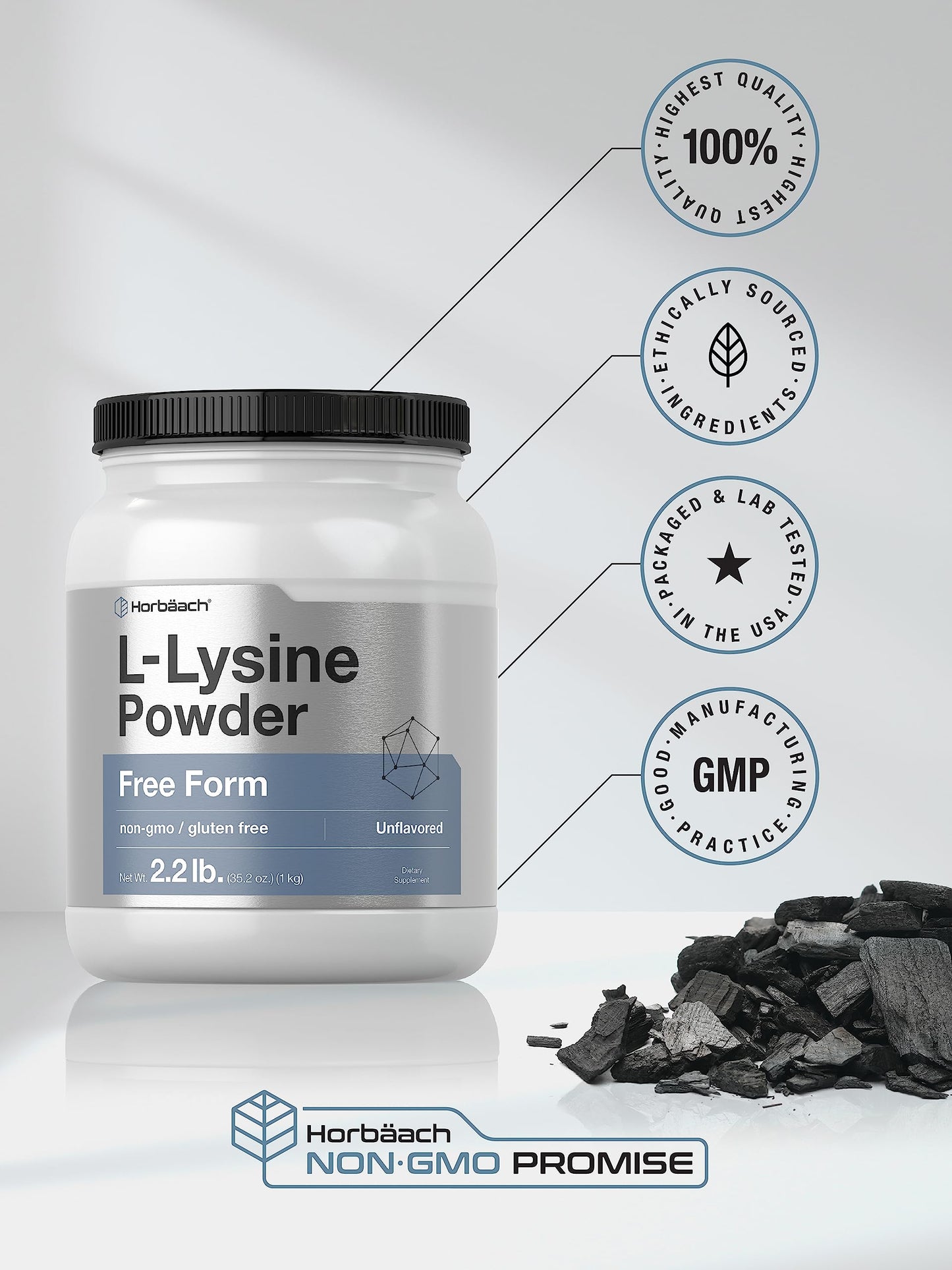 Horbäach L-Lysine Powder | 2.2 lbs | Unflavored Free Form Supplement | Vegetarian, Non-GMO, Gluten Free Formula