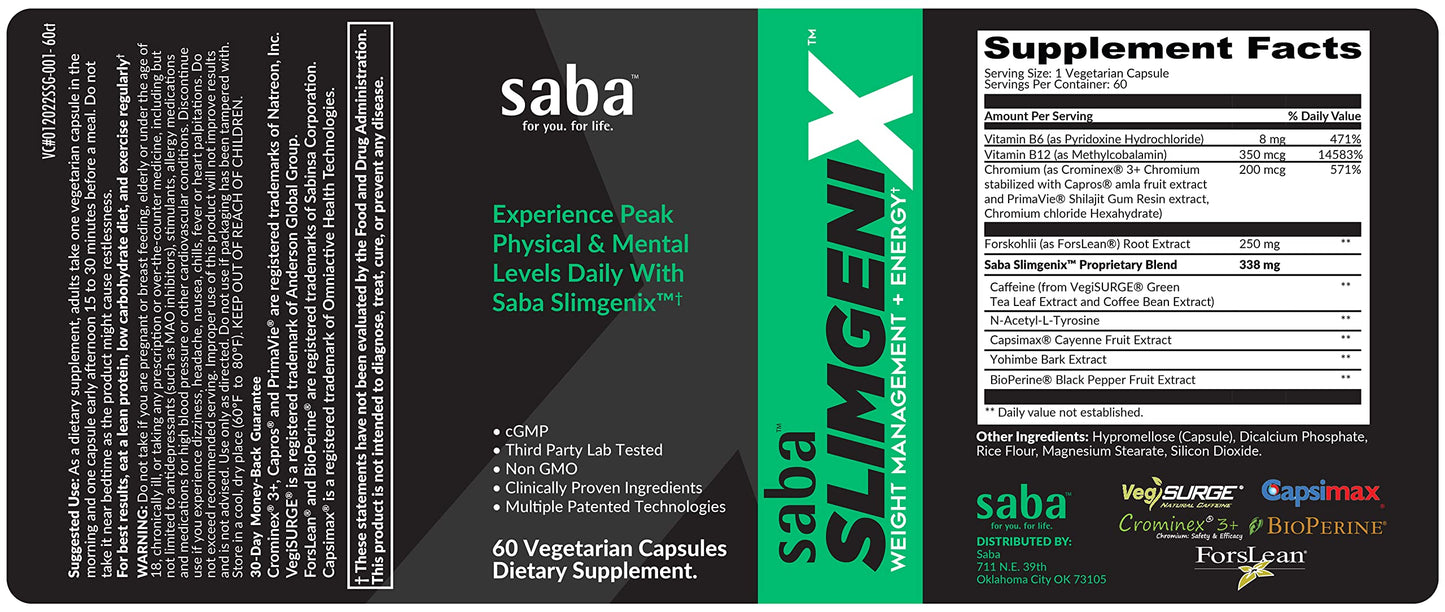 Saba SlimGenix -Energy, Weight Management, Appetite Control, Focus, Fat Burner with Branded, Patented & Clinical Proven Ingredients-60 Capsules