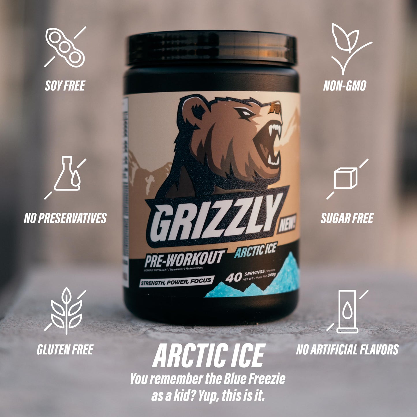 Grizzly Pre Workout Powder for Men & Women - Essential Aminos L-Citrulline & Beta Alanine Plus Caffeine - Preworkout Energy Drink Mix for Intense Power Focus & Pump - Arctic Ice - 40 Servings