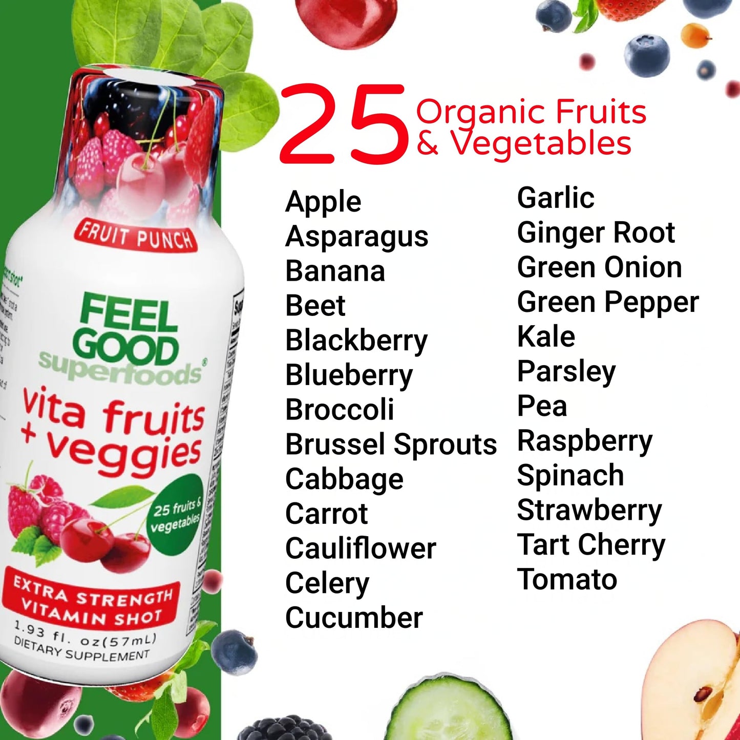 FeelGood Superfoods Vita Fruits and Veggies Immune Support Shot Supplements, Fruit Punch Flavor, Pack of 10 Immunity Shots, Immune System Booster Drink Made with 25 Organic Fruit & Vegetables