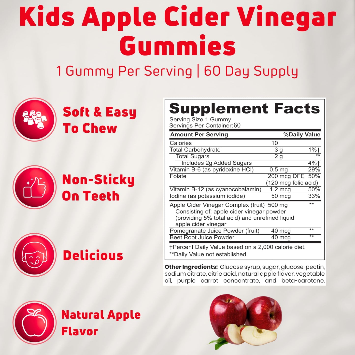 NUELATION Apple Cider Vinegar Gummies for Kids, 60 Servings. Gluten Free, Vegan and Gelatin Free ACV Gummies