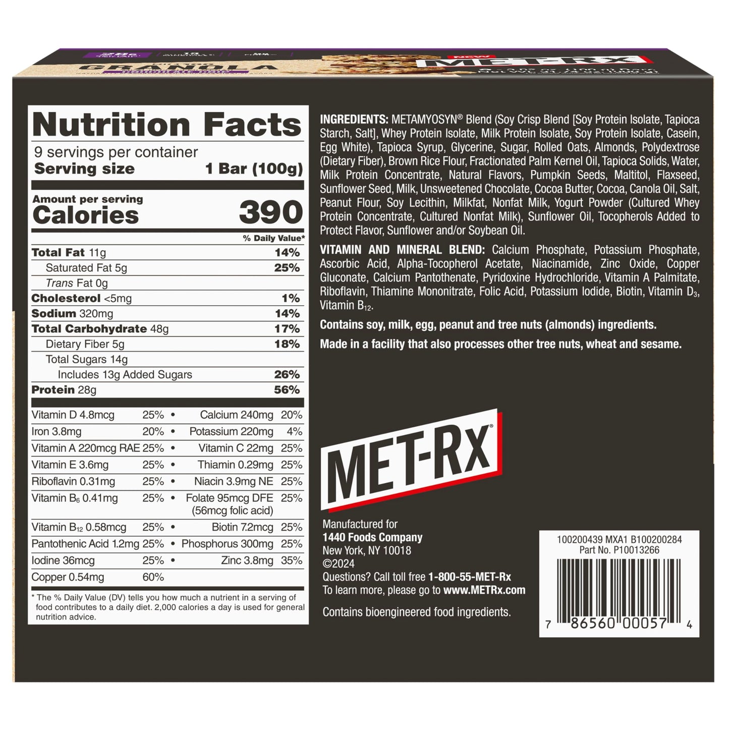 MET-Rx Big 100 Granola Protein Bar, Meal Replacement Bar, 28 G Protein, Chocolate Chip, Pack of 9