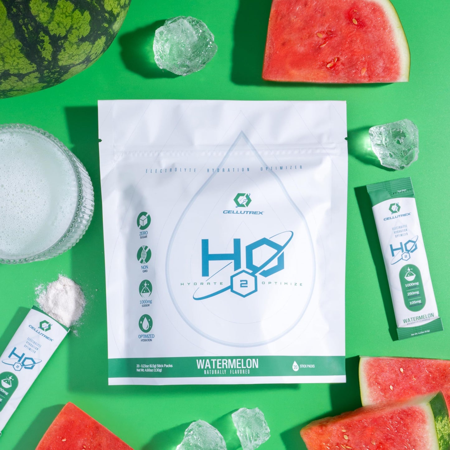 Cellutrex® H2O Electrolytes - Watermelon | Zero Sugar Electrolyte Powder Drink Mix | Natural Salt, Non-GMO Electrolytes for Workouts, Fasting, Wellness, and Travel | 20 Easy-Open Stick Packs