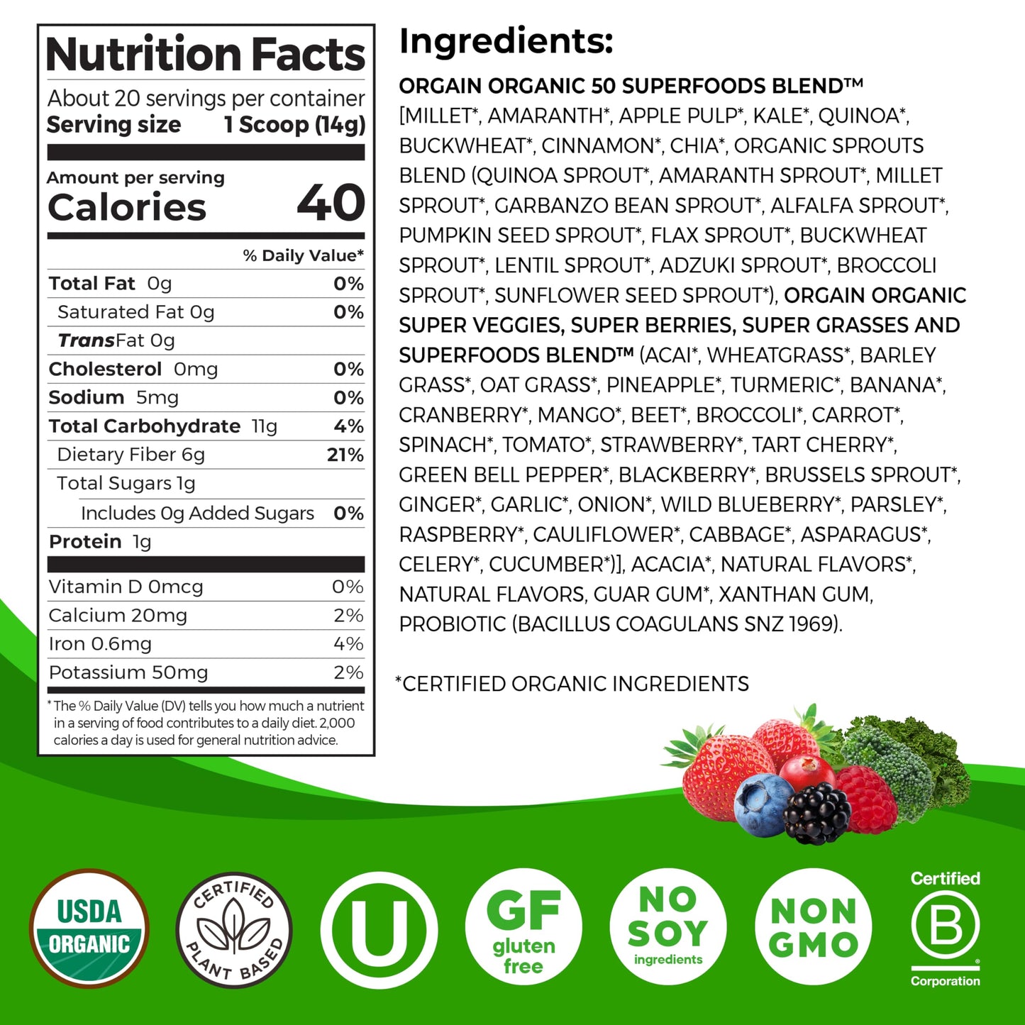 Orgain Organic Greens Powder + 50 Superfoods, Berry - 1 Billion Probiotics for Digestive Health, Antioxidants, Vegan, Plant-Based, Gluten-Free, Non-GMO, Green Juice & Smoothie Drink Mix - 0.62lb