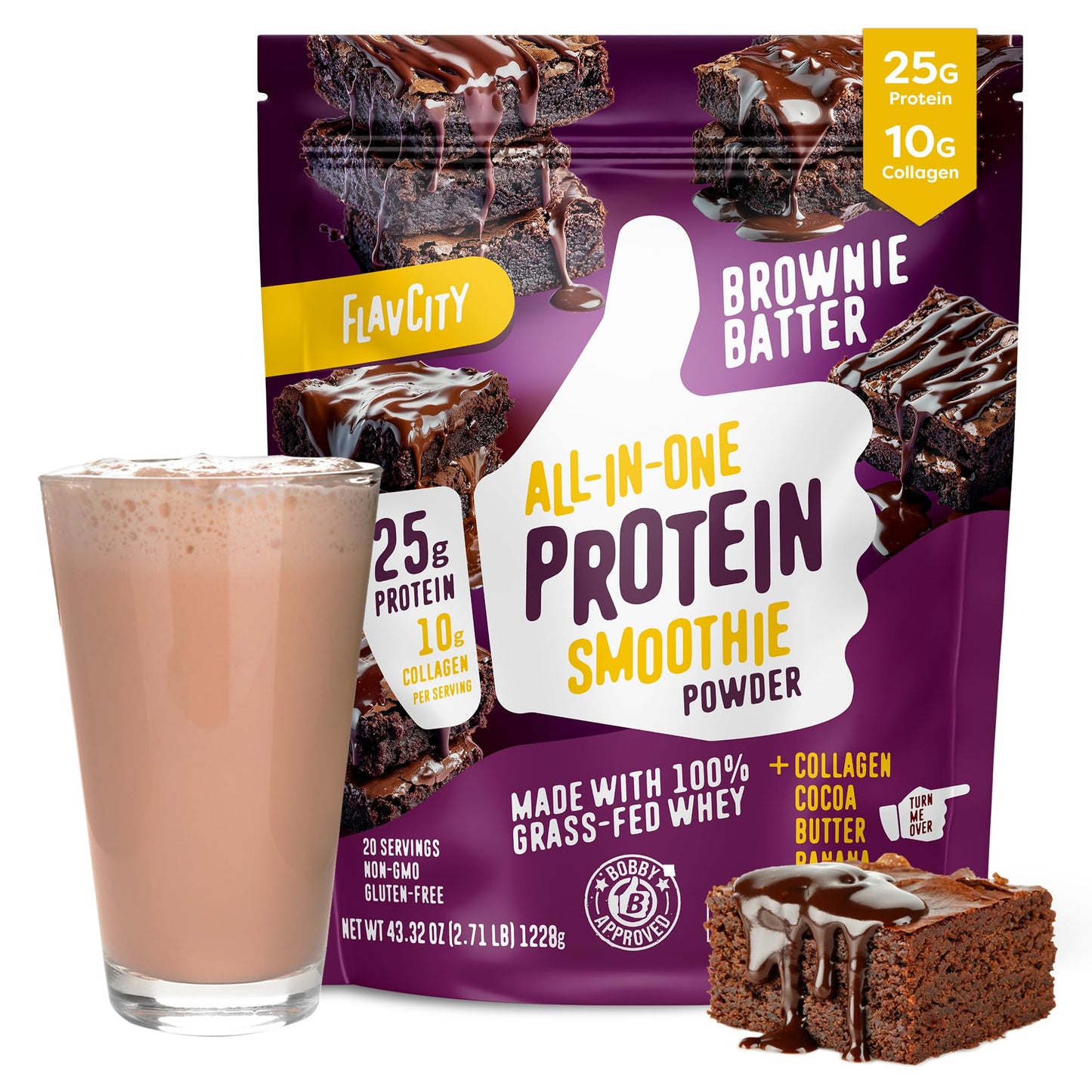 FlavCity All-in-One Protein Powder Smoothie, Brownie Batter - 100% Grass-Fed Whey Protein Powder with 25g Protein & 10g Collagen - Gluten-Free Pre Workout & Post Workout Drink - 20 Servings