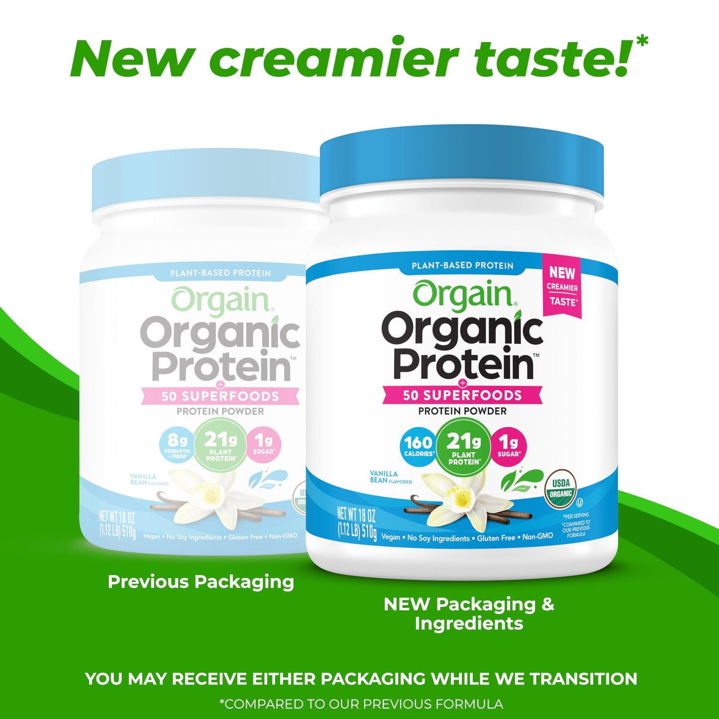 Orgain Organic Vegan Protein + 50 Superfoods Powder, Vanilla Bean - 21g Plant Based Protein, 8g Prebiotic Fiber, No Lactose Ingredients, Gluten Free, No Added Sugar, 1.12 lb (Packaging May Vary)