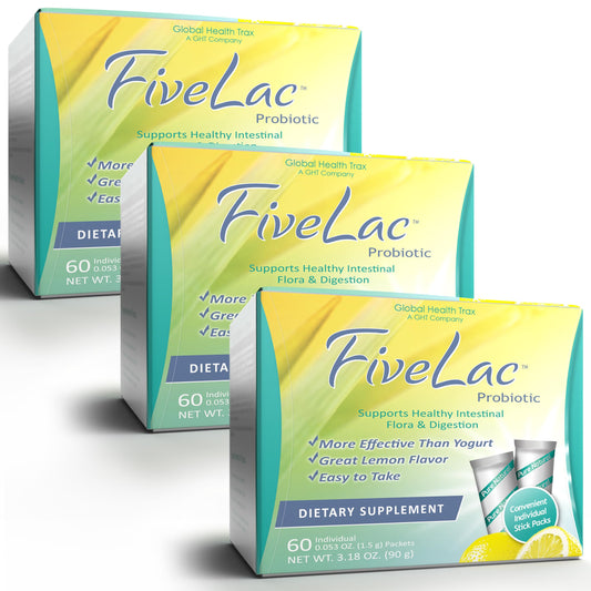 GHT - FiveLac Lemon Probiotic Powder Drink Mix, Probiotics for Women, Men, and Kids - Smooth Digestive Support and Elimination - Relieves Occasional Constipation and Gas - 60 Packets (3 Pack) Non-GMO
