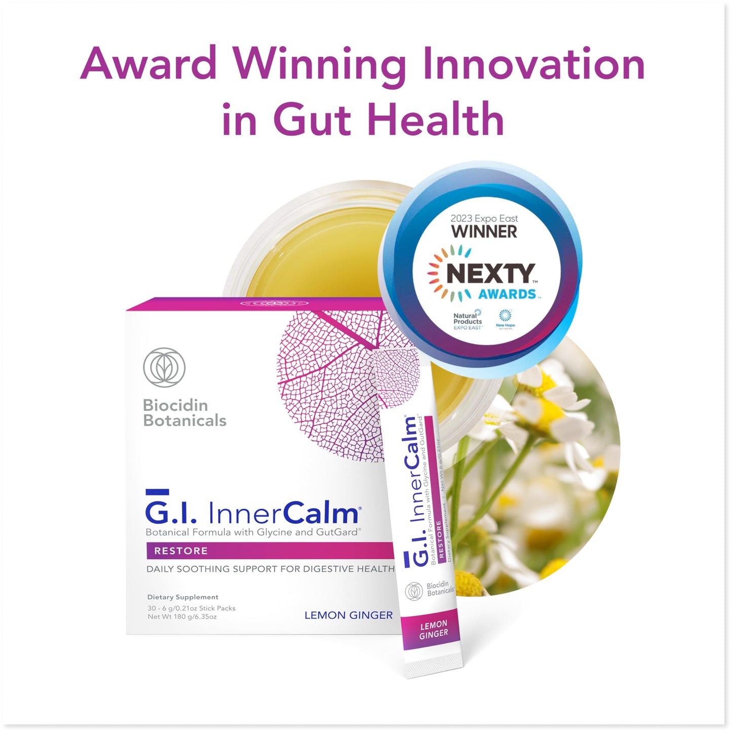 Bio-Botanical Research Biocidin Drink Mix - GI InnerCalm - Support Digestive Health, GI Detox, Healthy Mood & Sense of Relaxation - Soothing Formula with Glycine & No Glutamine (30 Stick Packs)