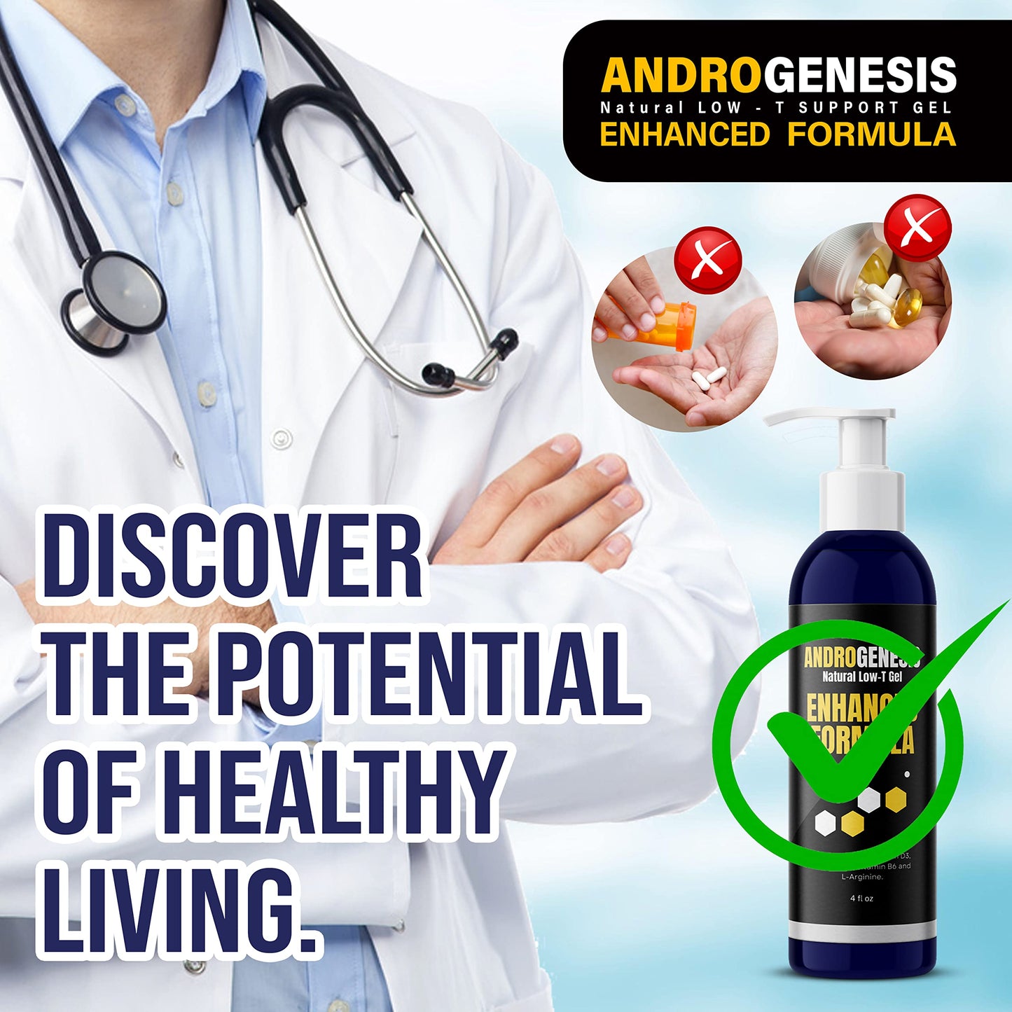ANDROGENESIS Enhanced Formula - Low T Support Gel - T Booster for Men - Muscle Recovery, Energy Booster, Healthy Aging - Now with Vitamins D3, K2, B6 and L-Arginine
