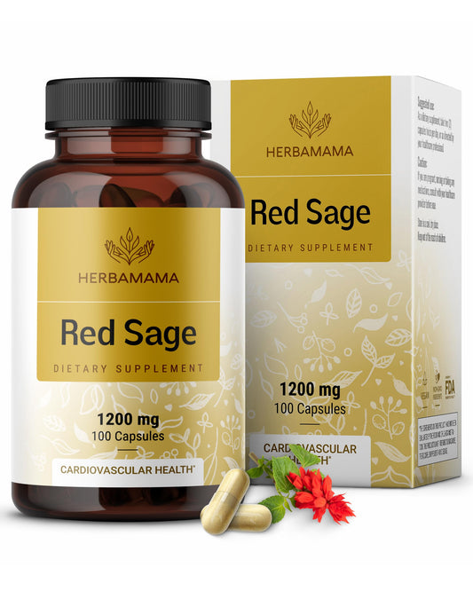 HERBAMAMA Red Sage Capsules - 1200mg Red Sage Root (Dan Shen) for Liver Detox & Antioxidant Support - Vegan, Non-GMO Salvia Miltiorrhiza Antioxidant Supplement, 100 Caps