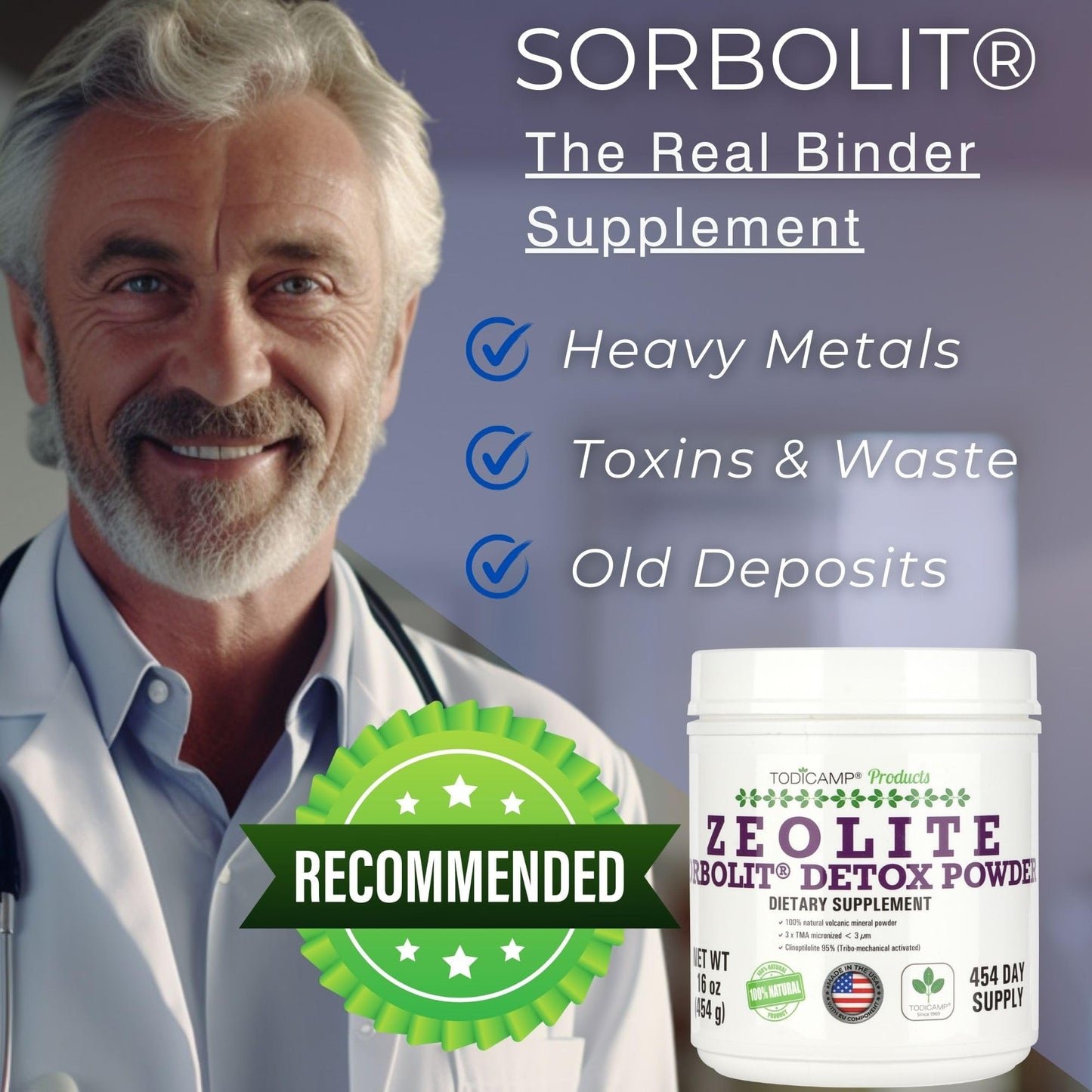TODICAMP Sorbolit Zeolite Detox Powder - 1 lb Clinoptilolite Zeolite Powder Sorbolit- 1-2 µm Zeolite Clinoptilolite Powder for Cellular Detox - 454 Days Supply