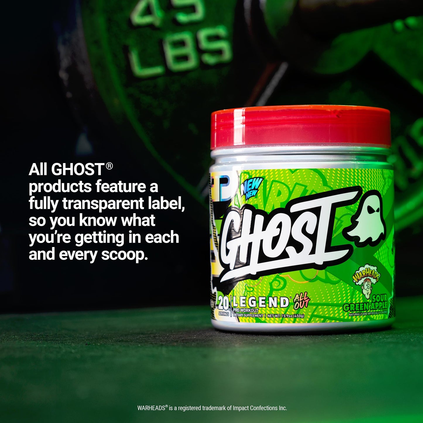 GHOST Legend All Out V2 Pre-Workout Powder, Warheads Sour Green Apple - 20 Servings - Pre-Workout Supplement for Men & Women - Energy & Pumps - Caffeine, Citrulline, Beta Alanine, Betaine & NO3-T