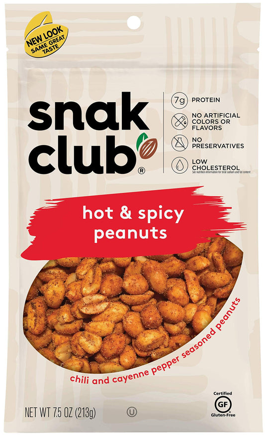 Snak Club Hot  Spicy Peanuts with Chili  Cayenne Pepper Seasoning Protein Snacks No Artificial Colors or Flavors Low Cholesterol Gluten Free Snacks Resealable Bag 75 Ounce Pack of 6
