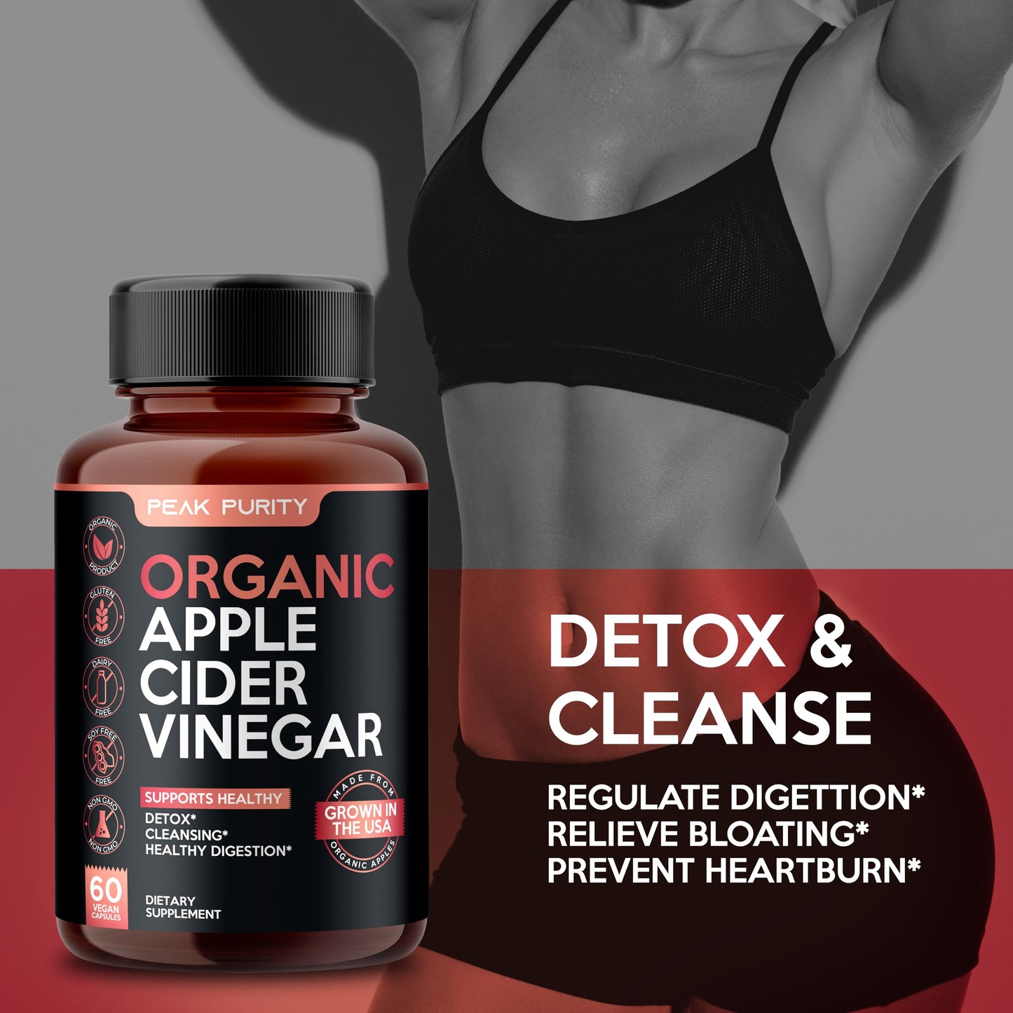 100% Organic Raw Apple Cider Vinegar Capsules - Natural Detox Gut Cleanse & Healthy Digestion - Tasteless & Easy to Swallow - Extra Strength ACV Pills - 1000 mg